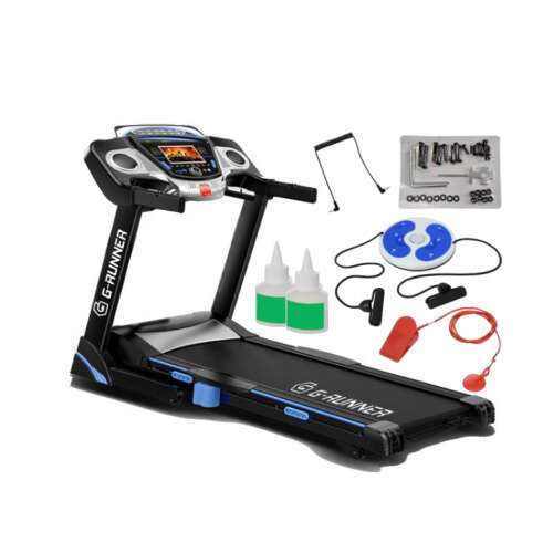 G-Runner 500 Classic folding treadmill with accessories: twister, silicone oil, and jack cable