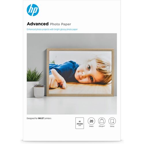 HP Advanced Glanz Fotopapier A3, 20 Blatt, kompatibel mit Tintenstrahldruckern