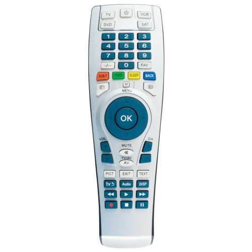 Home URC 22 universal remote control, silver and blue, front view