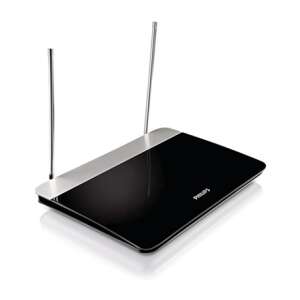 Philips SDV6227/12 indoor amplified digital TV antenna, black with silver accents, angled view - TV Antenna