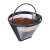 Westmark permanent coffee filter, stainless steel mesh, black plastic frame, with handle, filled with coffee grounds