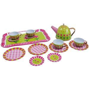 Metal tea set with teapot, cups, saucers, and tray, featuring a pink and green floral design - Toy kitchen tool