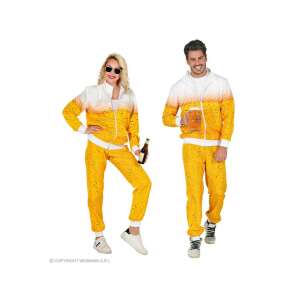 Unisex beer costume tracksuit, adult size L, yellow and white, front view, two models wearing the costume - Costumes for adult