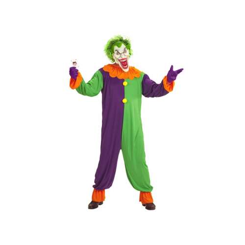 Evil Joker férfi jelmez L-es méretben, zöld és lila ugróruha narancssárga díszítéssel, maszkot tartalmaz 