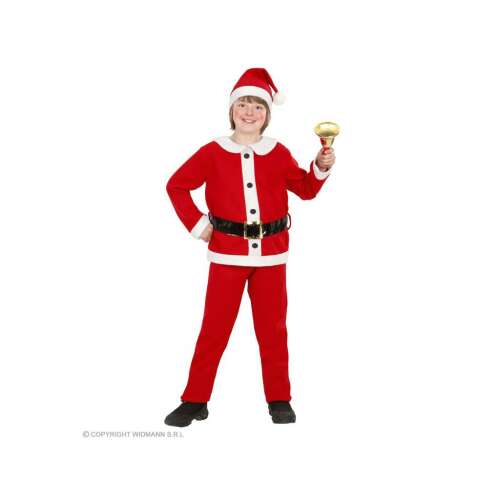 Mikulás jelmez fiúknak, 140-es méret, piros flanell, tartalmazza a kabátot, a nadrágot, az övet és a sapkát