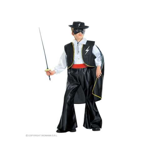 Zorro jelmez fiúknak, 140-es méret, fekete-fehér öltöny, piros öv, fekete köpeny és maszk, karddal - Jelmez gyerekeknek