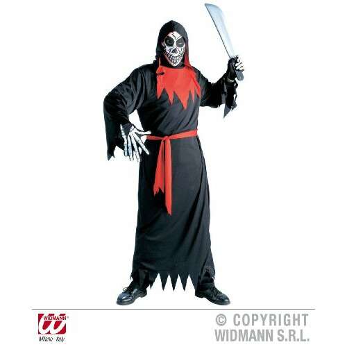 Fantom férfi jelmez, M-es méret, fekete köpeny piros övvel és kapucnival, koponya maszk, Halloween jelmez - Öltözködés kiegészítő