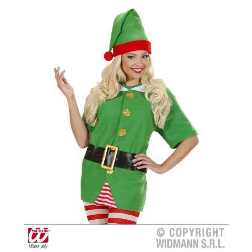 Elf costume for adults, green and red, with hat, belt and shirt, size XL, Widmann brand