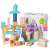 Ecotoys wooden building blocks set with 50 pieces, including a bucket and shape sorter lid, in pastel colors