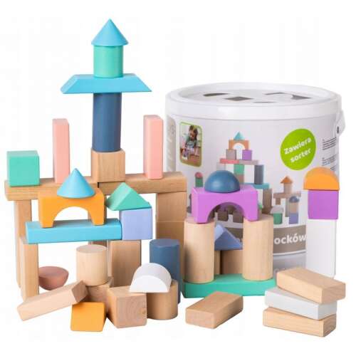 Ecotoys wooden building blocks set with 50 pieces, including a bucket and shape sorter lid, in pastel colors