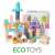 Ecotoys wooden building blocks set with 50 pieces, including a bucket and shape sorter lid, in pastel colors