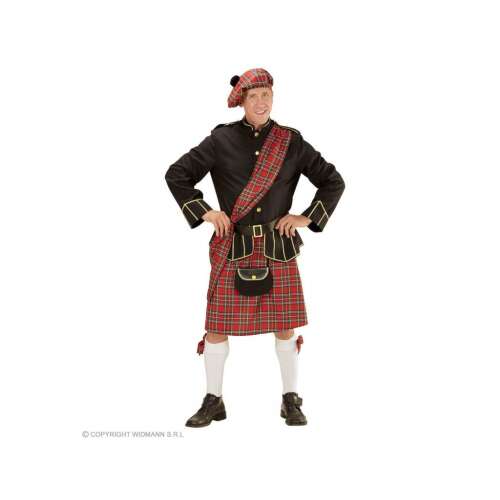 Skót férfi jelmez, kilt, kabát, sapka, öv, pénztárca, piros és fekete kockás, felnőtt M-es méret - Öltözködés kiegészítő