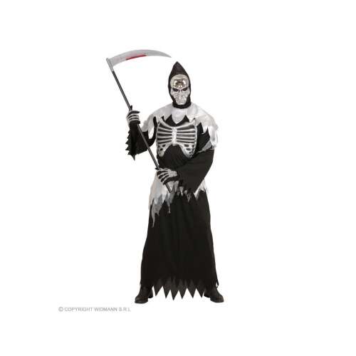 Grim Reaper csontváz-fantom férfi jelmez L-es méretben, fekete kapucnis tunika ezüst övvel és gallérral, ezüst mellkas-bordákkal, koponya-maszkkal, Halloween jelmez - Öltözködés kiegészítő