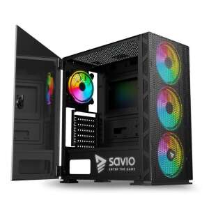 Savio Raptor X1 ARGB computer case, black, with tempered glass side panel, showing the interior with RGB fans - Savio
