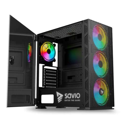 Savio Raptor X1 ARGB computer case, black, with tempered glass side panel, showing the interior with RGB fans