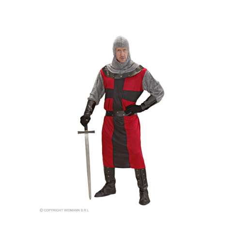 Sötét idők lovagja férfi jelmez, S-es méret, piros és fekete színben, láncpostával, köpennyel, övvel, csuklóvédőkkel és sisakkal