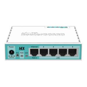 MikroTik hEX Gigabit Router, biely, 5 LAN portov, PoE vstup, predný pohľad - MikroTik Káblové routre
