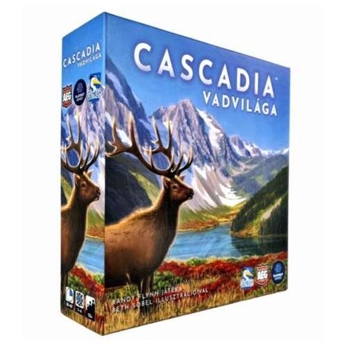 Cutia jocului de societate Cascadia, prezentând un elan majestos în peisaj montan