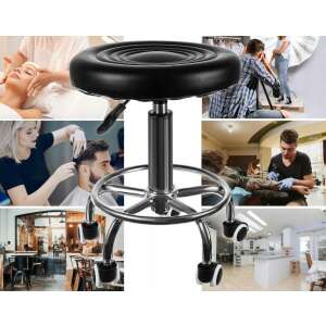 Teleskopické kadernícke a holičské kreslo na kolieskach s okrúhlym sedadlom a čiernym čalúnením z ekokože