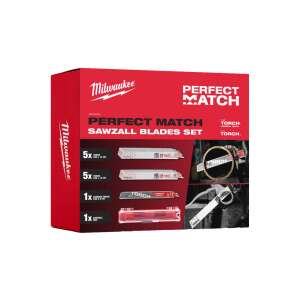 Milwaukee PERFECT MATCH Sawzall Blades Set, 11 piece set, includes 5x 230mm bimetal blades, 5x 230mm carbide blades, 1x 230mm carbide TORCH blade, 1x sawzall blade storage case - Hand Saw Blade