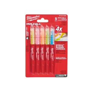 5 опаковки Milwaukee INKZALL Jobsite Highlighter, траен връх, остава остър по-дълго, устойчив на размазване и размазване, клипс за каска - Маркер