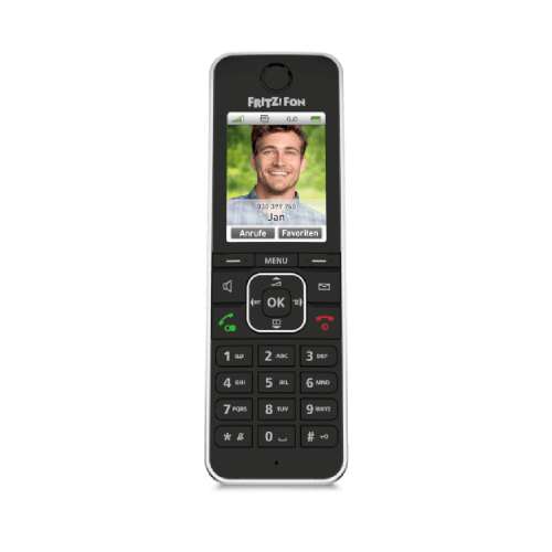 AVM FRITZ!Fon C6 DECT phone, black, with color display, showing caller ID and buttons
