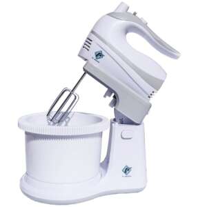 FG FS-413 Tálasmixer - Fehér, white stand mixer with bowl, 300-500W, 5 speed settings, turbo button, 2 whisks, 2 dough hooks, safety release button - Hand Mixer