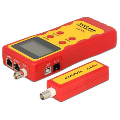 DeLOCK 86108 LCD kábelteszter, piros és sárga színben, LCD képernyővel és gombokkal, távoli egységgel - Hálózati szerszám