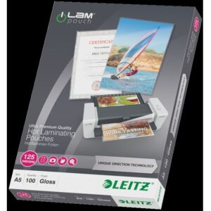 Nahaufnahme der Leitz iLam A5 125 Mikron glänzenden Laminierfolienverpackung - Schreibwaren & Schreibmaterial