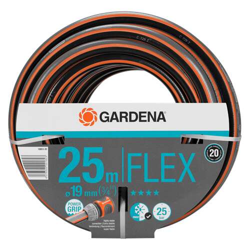 Градински маркуч Gardena Comfort FLEX 25m, диаметър 19mm (3/4"), Power Grip с ребра, налягане на разкъсване 25 bar, 20 години гаранция