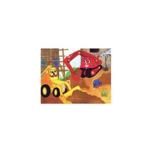 Ilustrație din cartea pentru copii "Kismarkoló" de Ildikó Döbrentey, care prezintă un excavator roșu și un camion basculant galben - Filme diapozitive