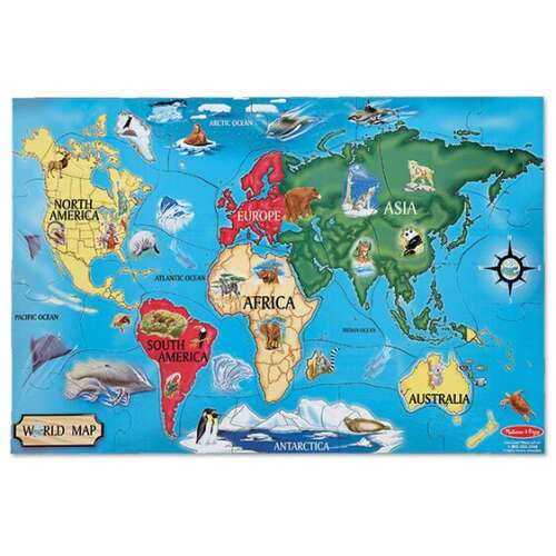 Melissa & Doug Világtérkép Puzzle, 33 darabos fa puzzle gyerekeknek, földrajz tanulás, kontinensek, óceánok