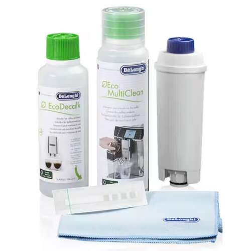 DeLonghi Coffee Care Kit, set za čišćenje aparata za kavu, uključuje vodeni filter, sredstvo za uklanjanje kamenca, multi-čistilo, mikrofiber krpu i test tvrdoće vode