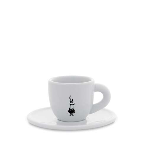 Set de cană și farfuriuță pentru espresso Bialetti Moka, porțelan alb cu logo negru