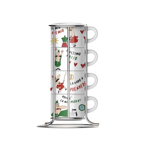 Set od 4 šalice za cappuccino Bialetti Italia sa stalakom, s talijanskom zastavom i dizajnom malog čovjeka s brkovima Bialetti