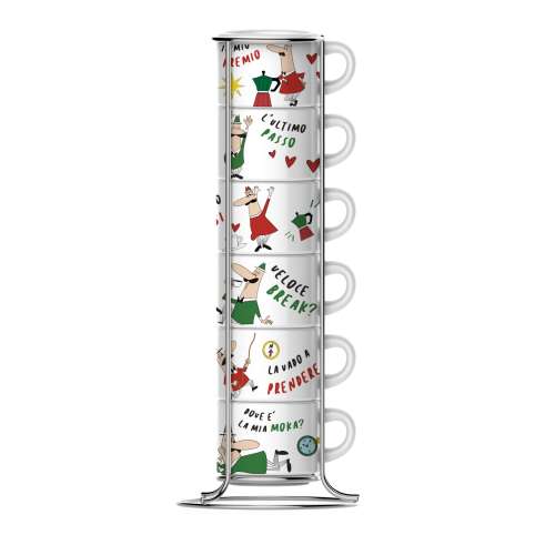 Bialetti Italia Espresso csésze szett állvánnyal, 6 darab, a Bialetti Kis Bajuszos Emberkével