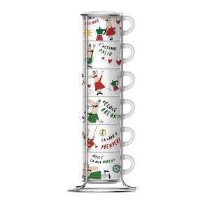 Sada 6 šálok na espresso Bialetti Italia so stojanom, s obrázkom Bialettiho muža s malými fúzikmi - Bialetti