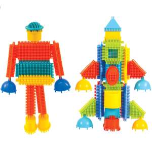 Bloko Stapelbausteine-Set mit Beispielen für einen Roboter und eine Rakete, die mit den Blöcken gebaut wurden - Mochtoys