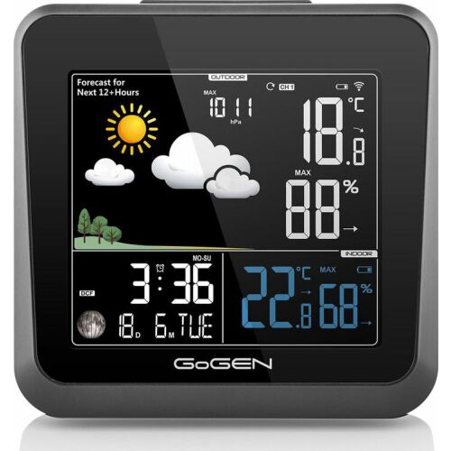 GoGEN ME 3236 weather station displaying indoor and outdoor temperature, humidity, time, date, and weather forecast
