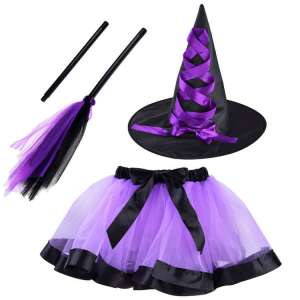 Purple witch costume for girls, includes tutu skirt, hat, and broom - Ramiz