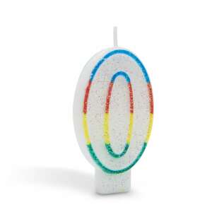 Number 0 birthday candle, white with rainbow glitter, side view - Birthday Candle & Cake Topper