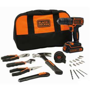 Black+Decker BDCDC18HTSA-QW cordless drill driver set with accessories, including a drill, hammer, pliers, tape measure, and bits - Black & Decker Drill and Screwdriver