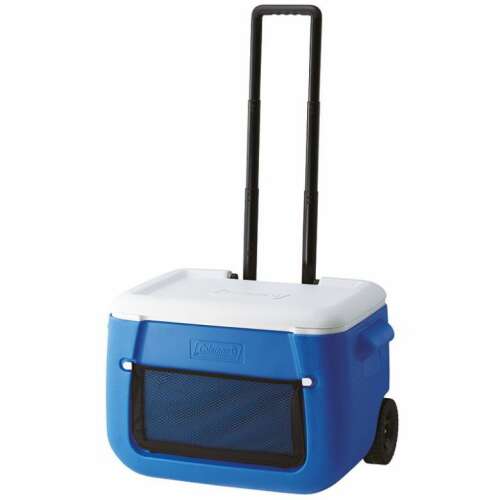 Coleman 50QT kerekes hálós hűtődoboz, kék és fehér színben, kerekekkel, oldalnézet - Coleman