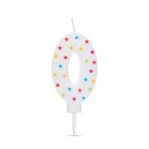Number 0 birthday candle, white with colorful stars - Birthday Candle & Cake Topper
