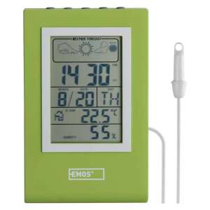 Emos E0117N weather station with green display showing time, date, temperature, humidity and weather forecast - Weather Station