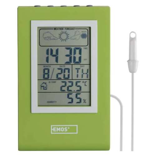 Emos E0117N weather station with green display showing time, date, temperature, humidity and weather forecast