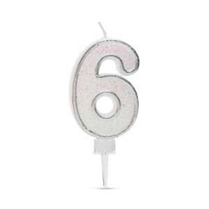 Lumânare de ziua de naștere cu numărul 6 din sclipici argintiu - Decoratiuni pentru tort