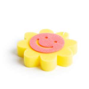 Yellow flower shaped sponge with a pink smiley face, 14 cm, for dishwashing, cleaning, and bathing - Bath Sponge, Washcloth, Glove