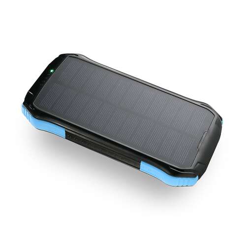 EverActive EB-S12k 12000mAh napelemes power bank, fekete és kék színben, ferde nézetből - Külső akkumulátor és powerbank