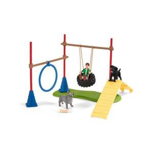 Schleich Farm World Dog Agility Course Playset with boy, two dogs, jump, tire swing, and ramp - Figure